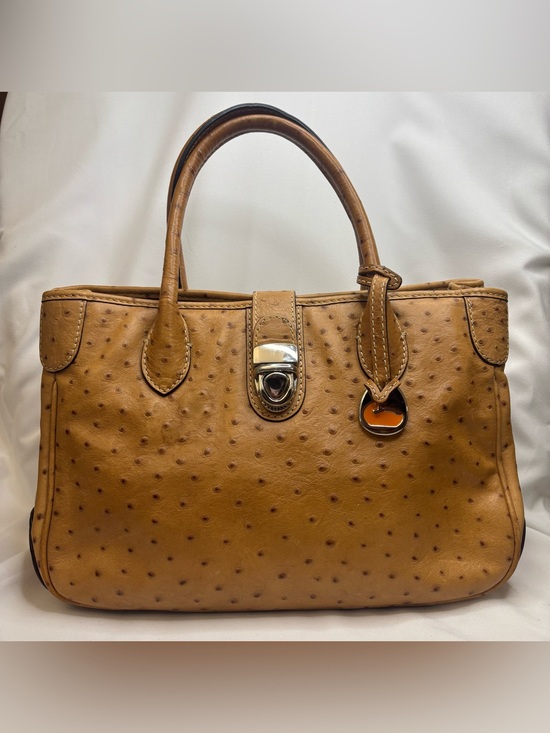 Dooney & Bourke Handbags - Vintage Dooney & Bourke Ostrich Embossed Leather Satchel Tan w/ Duck Charm
